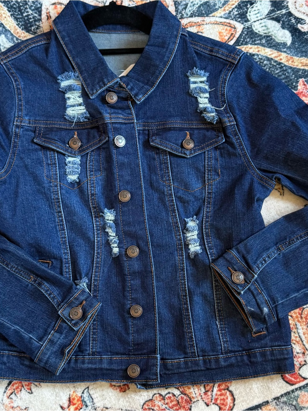 Women’s Dark Blue Distressed Denim Jean Jacket